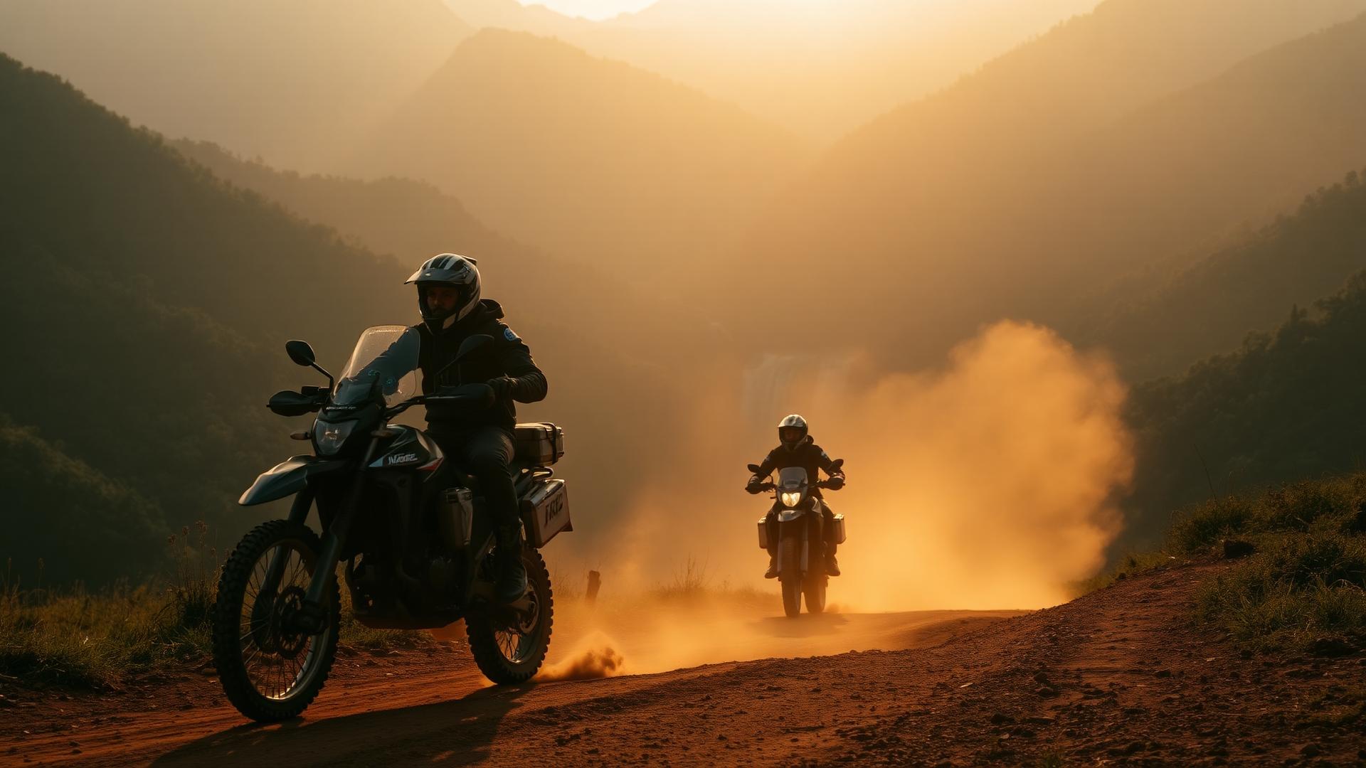 Adventure motorcycle riders on a highland trail at golden hour